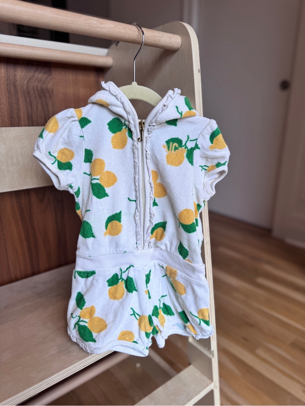 Juicy Couture White Hooded One-Piece Romper with Yellow & Green Lemon Print